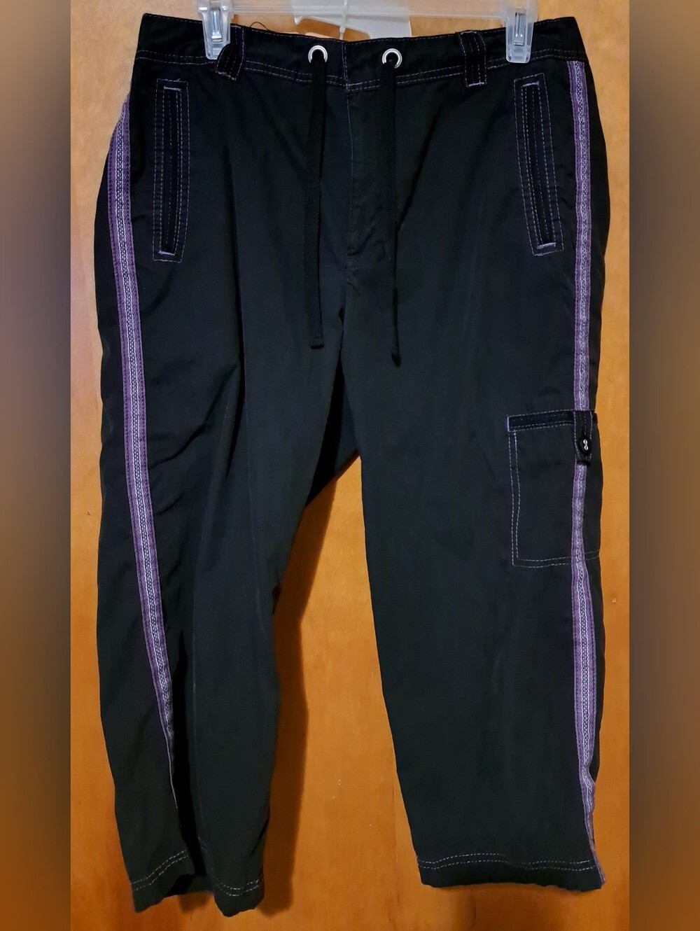 Green Tea Active Black Cargo Pants with Purple Side Trim